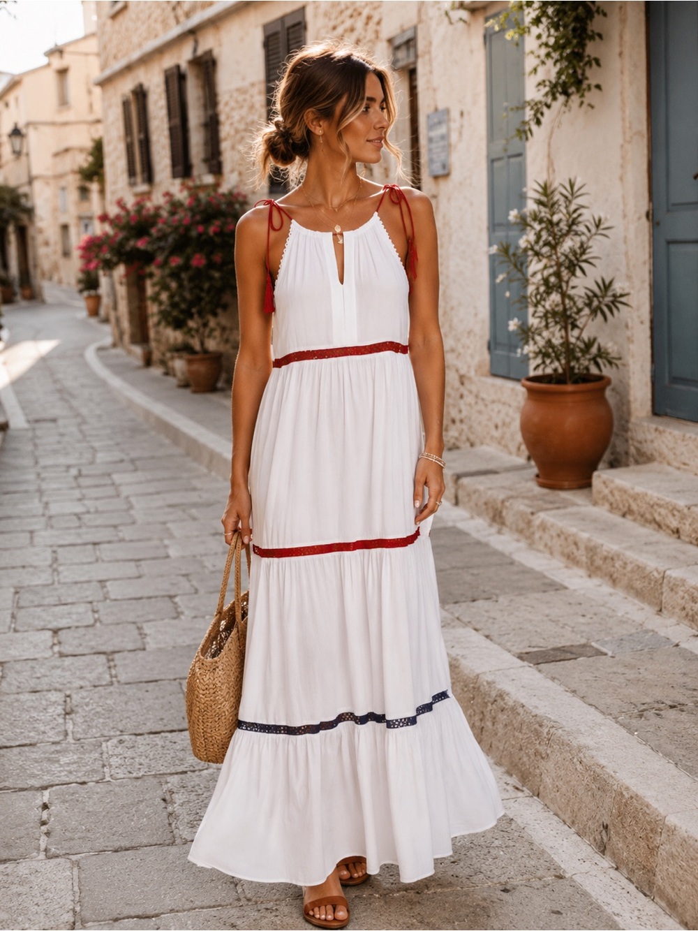 Anthropologie Red Carted Tiered Maxi Dress Tassel Tie X-Small Flowy